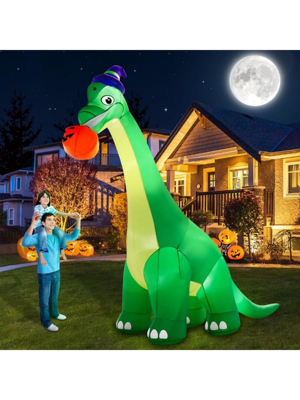 Giant 13ft Inflatable Dinosaur Halloween Decoration with LED Light & Pumpkin Hat